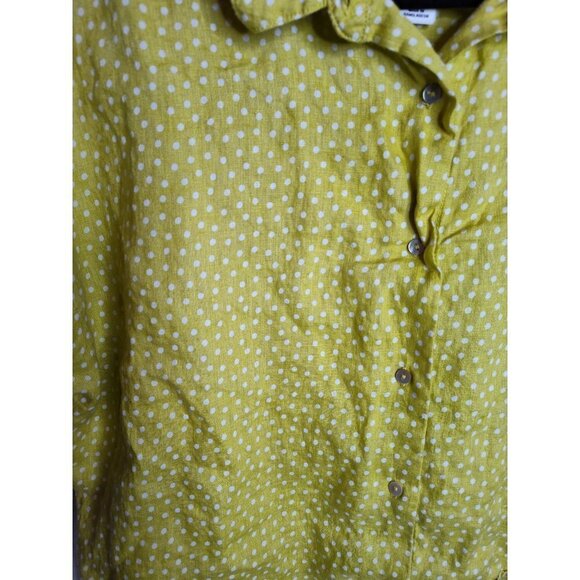 ☀️Rachel Zoe 100% Linen Polka Dot Yellow cropped button front top, L - Picture 2 of 7